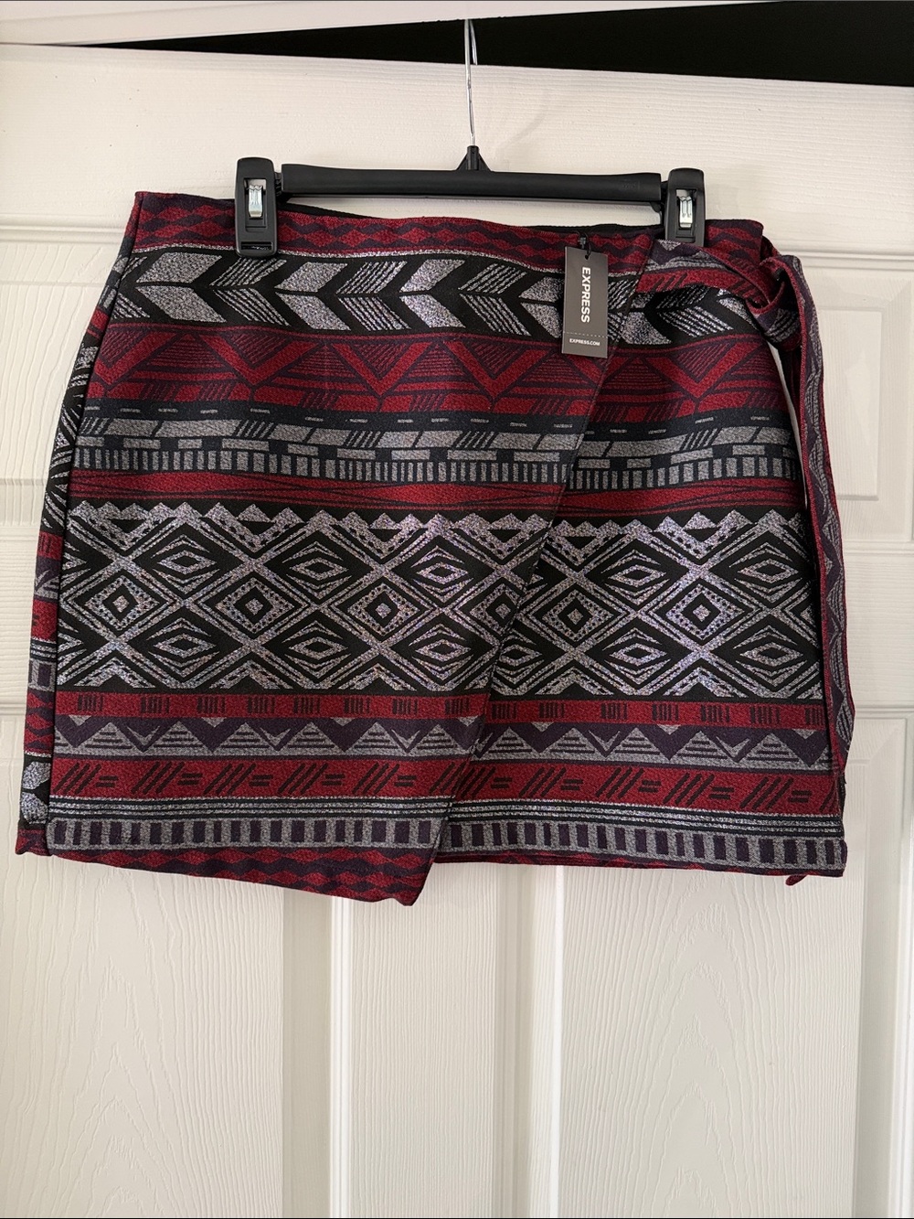 Express Burgundy and Black Aztec Wrap Mini Skirt